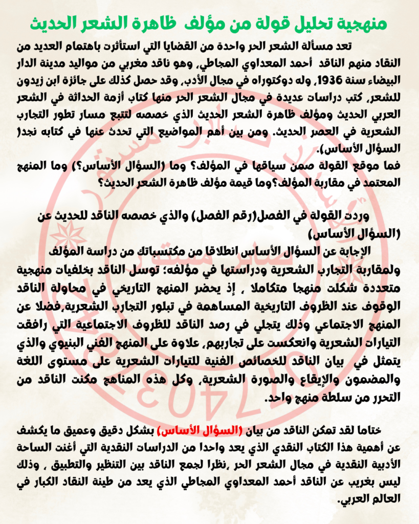 منهجية تحليل قولة من مؤلف ظاهرة الشعر الحديث