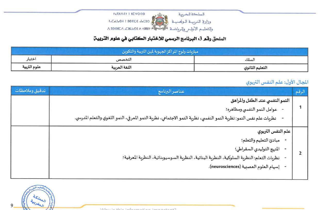 التوصيف الشامل لاجتياز مباراة التعليم اللغة العربية التعليم الثانوي الإعدادي والتأهيلي